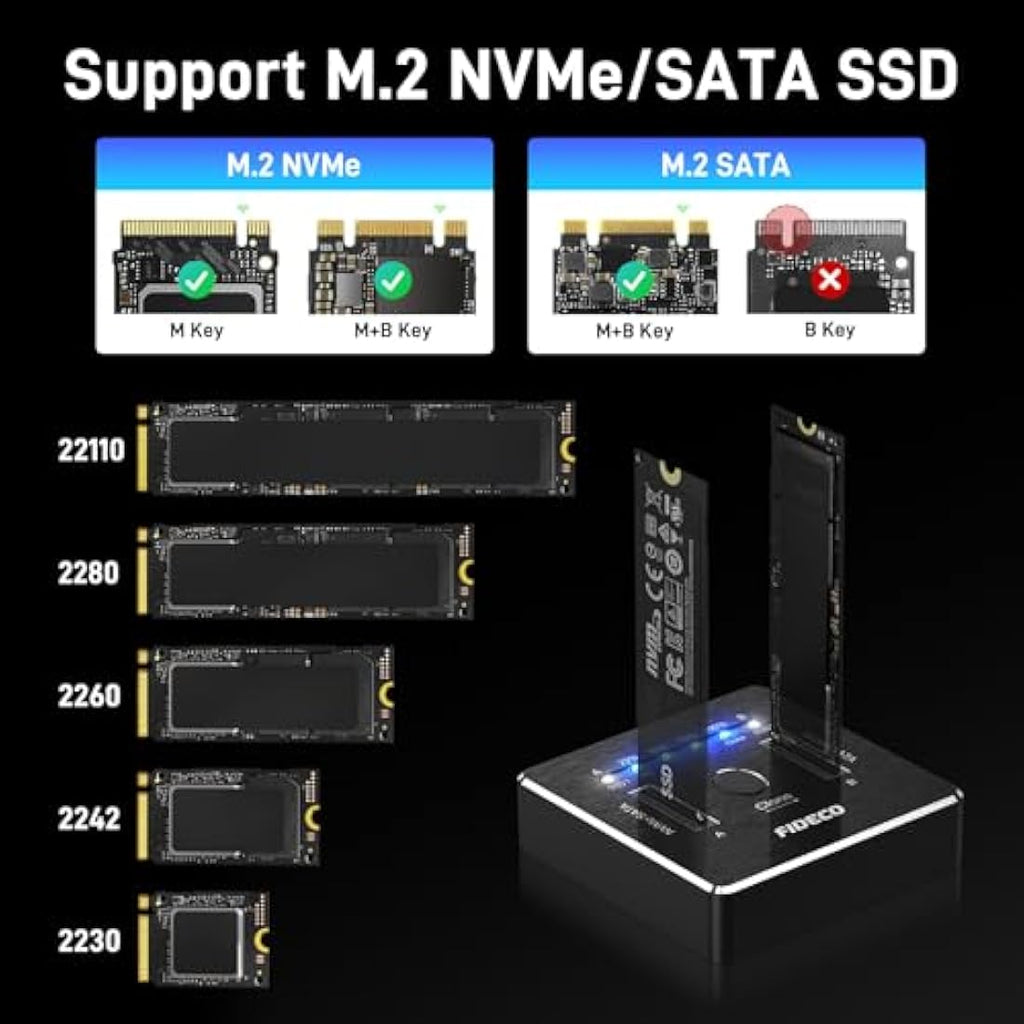 FIDECO M.2 NVMe SATA SSD Docking Station | 20Gbps Offline Cloner