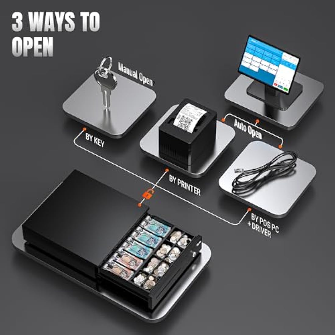 Tera 16" Cash Register Drawer | 5 Bill 8 Coin POS Tray with 6 Keys