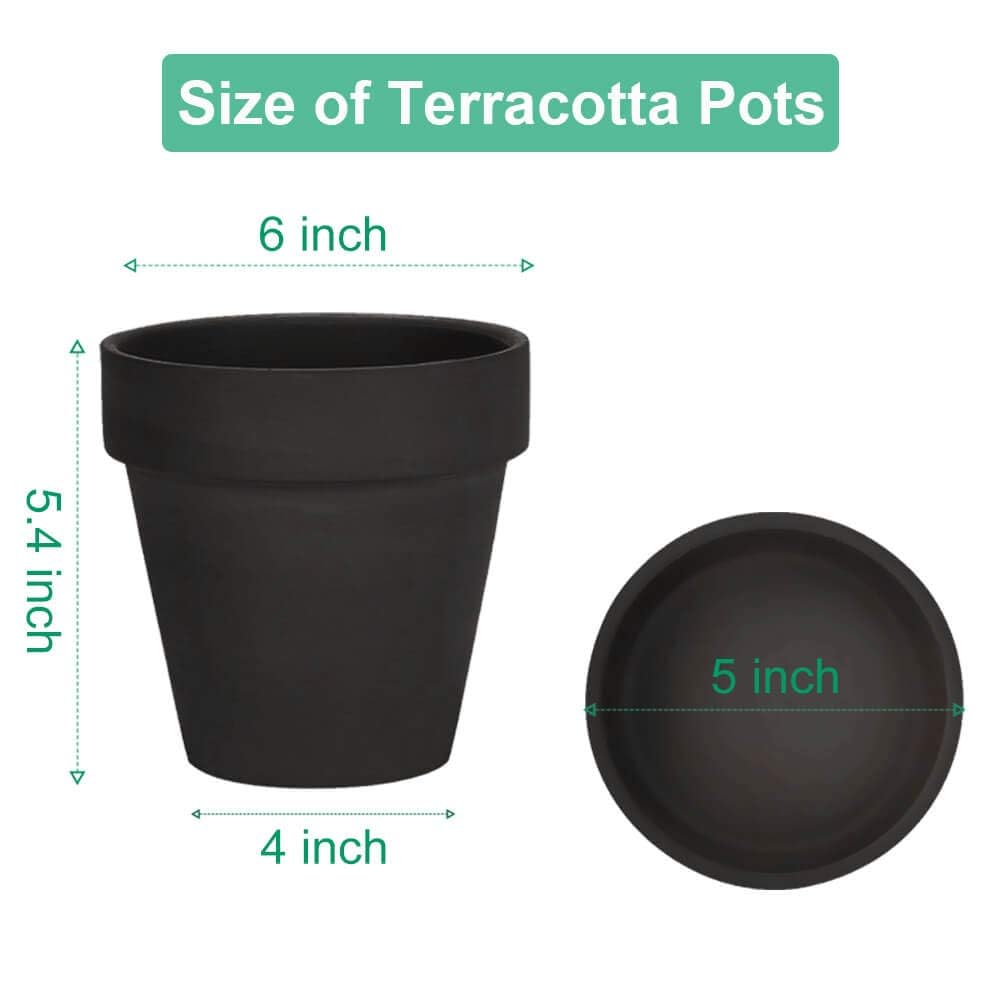 Vensovo Black Terracotta Pots with Saucers - 15cm Clay Planters, 4 Pack