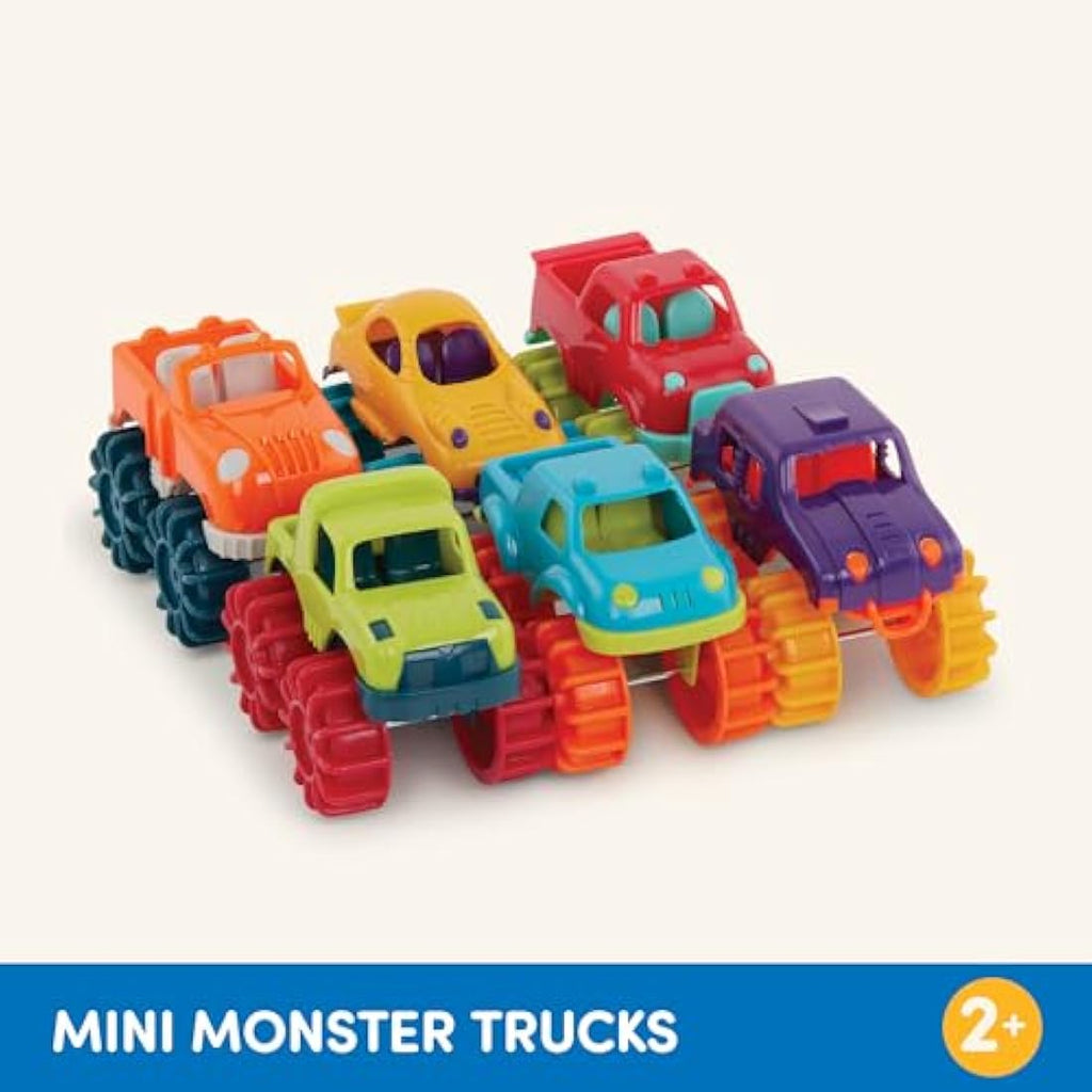Battat Mini Monster Trucks – 6 Pack Colorful Toddler Toy Cars with Bag
