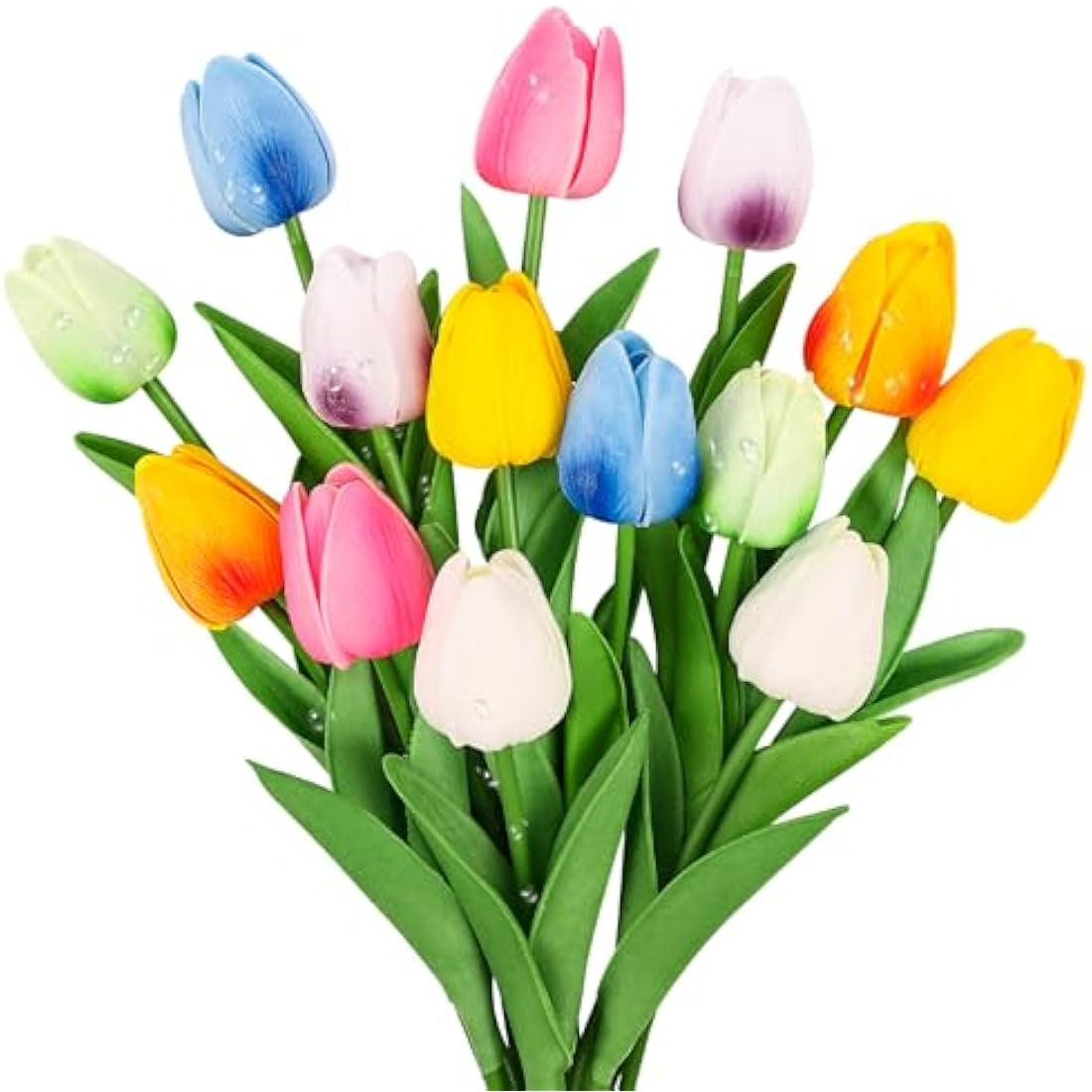 Beferr 14 Pcs Realistic Artificial Tulips | Mixed Color Faux PU Flowers