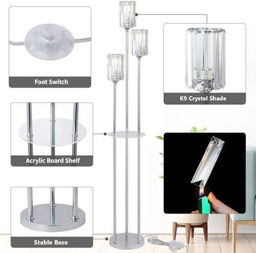 Rayofly 3-Light Crystal Floor Lamp with Shelves | Modern Chrome Standing Lamp