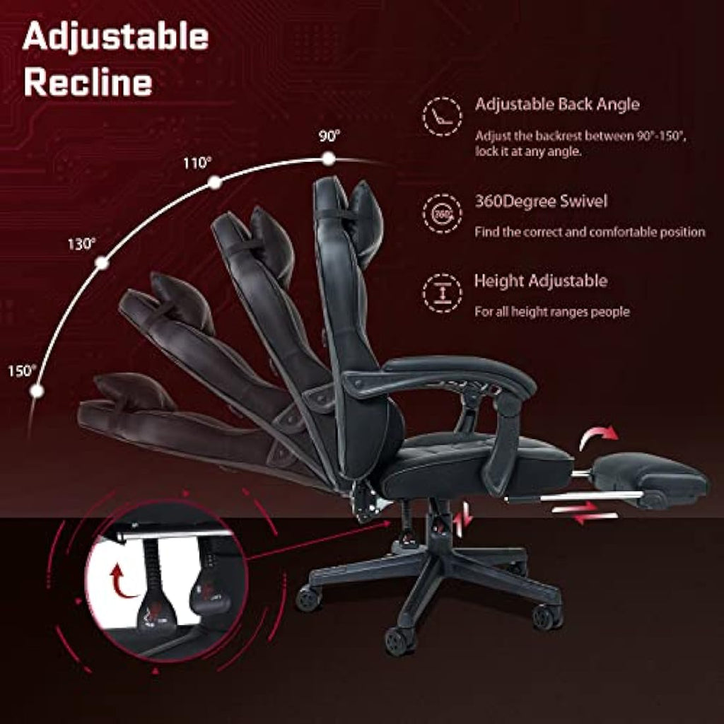 Fullwatt Gaming Chair with Footrest and Massage Lumbar - PU Leather Black
