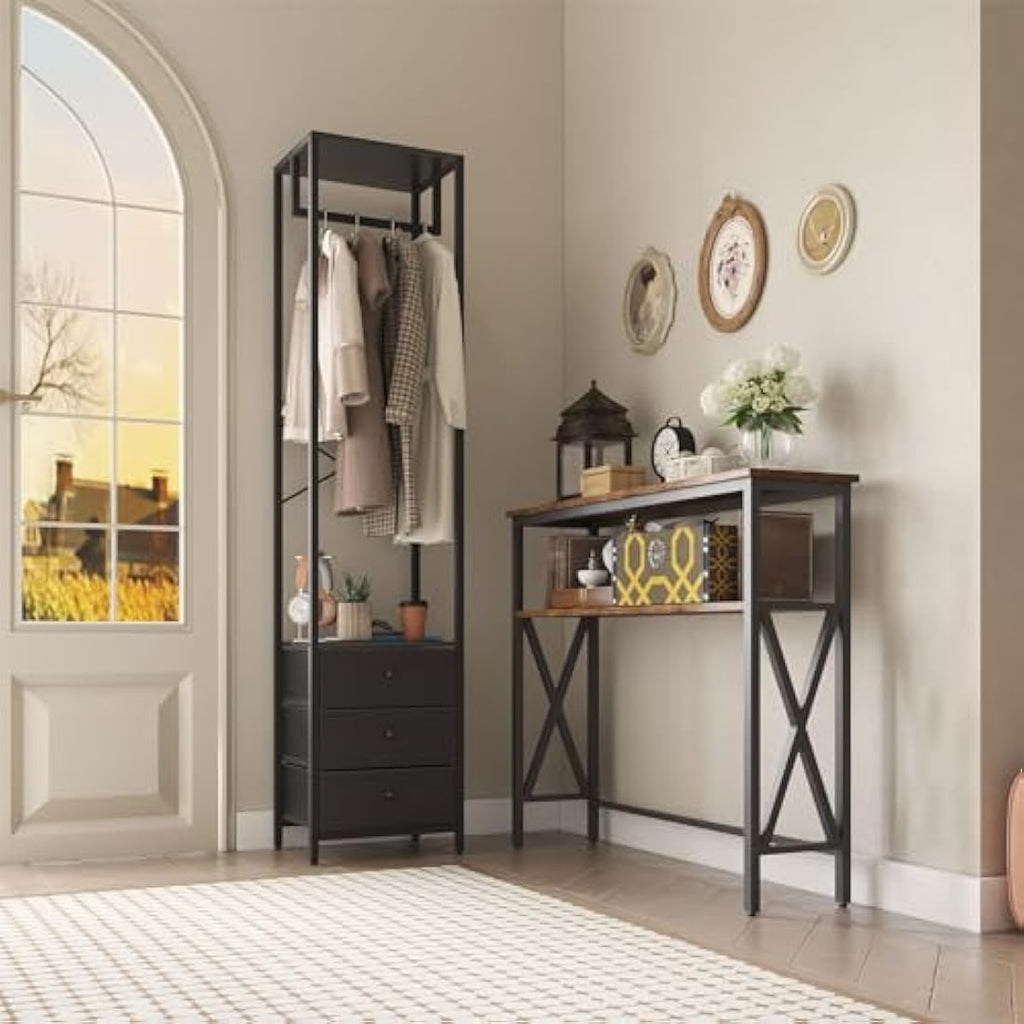 YMYNY Freestanding Coat Rack with 3 Non-Woven Drawers | Tall Closet Organizer