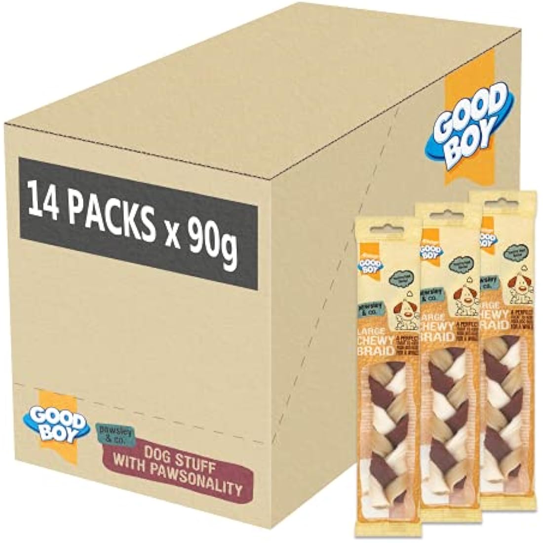 Good Boy Large Chewy Braids – Beef Hide Dog Treats with Probiotics – 14pk