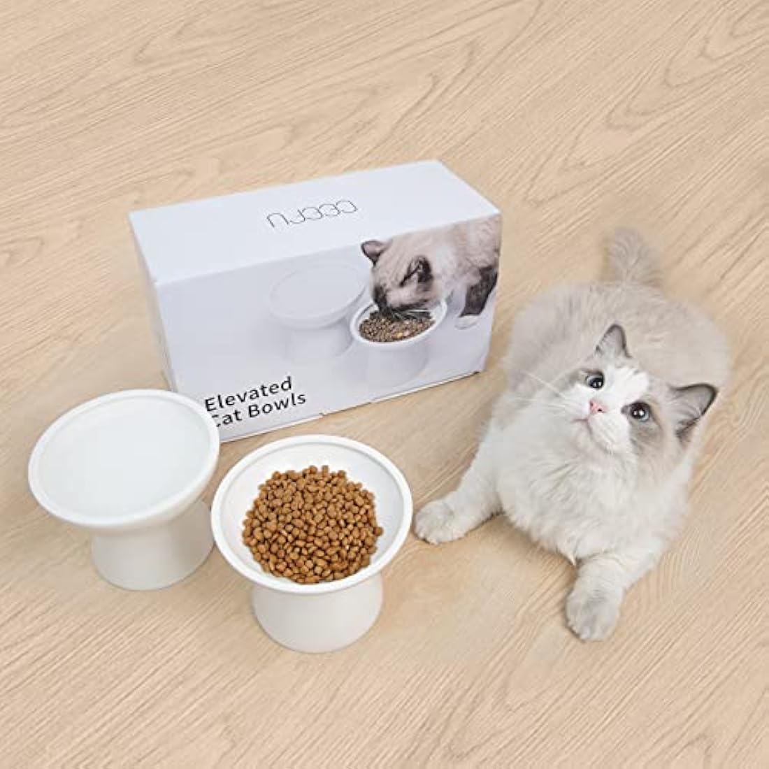CEEFU Elevated Ceramic Cat Bowls - 2 Pack Wide Whisker-Friendly Shallow Plates