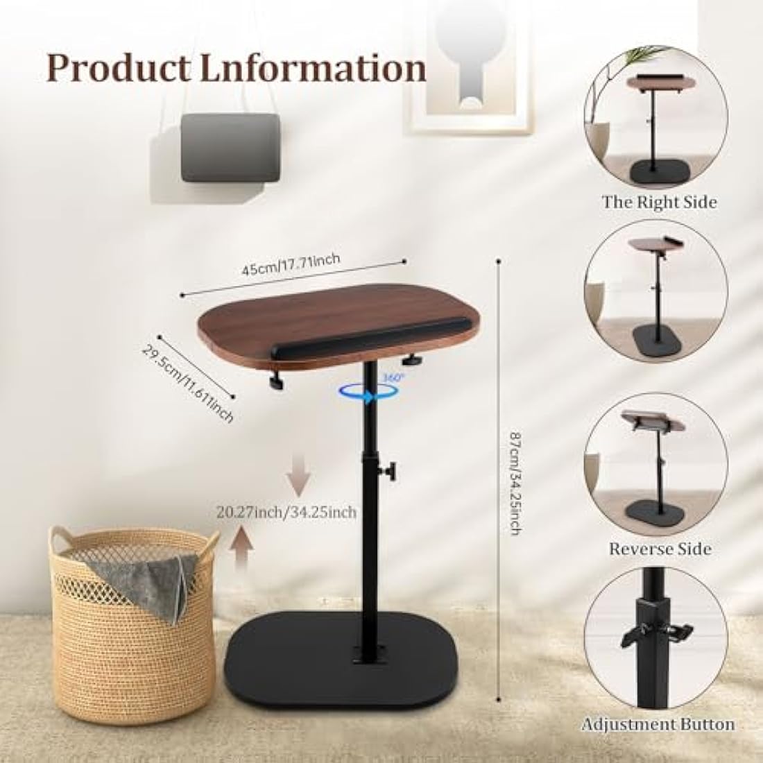 C Shaped Side Table – Height Adjustable 360° Swivel End Table