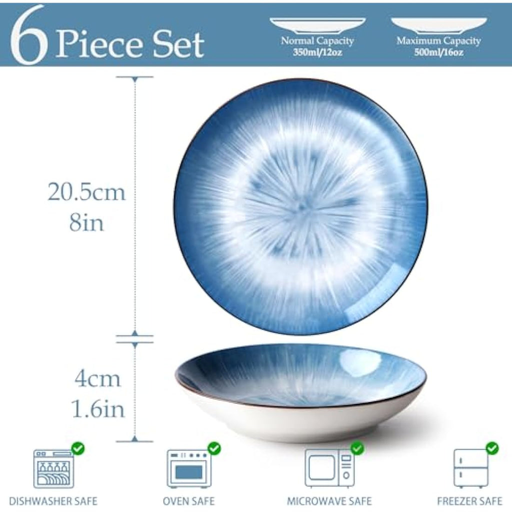 NUTRIUPS 8-Inch Ceramic Pasta Bowls - Set of 6 Blue Porcelain Plates