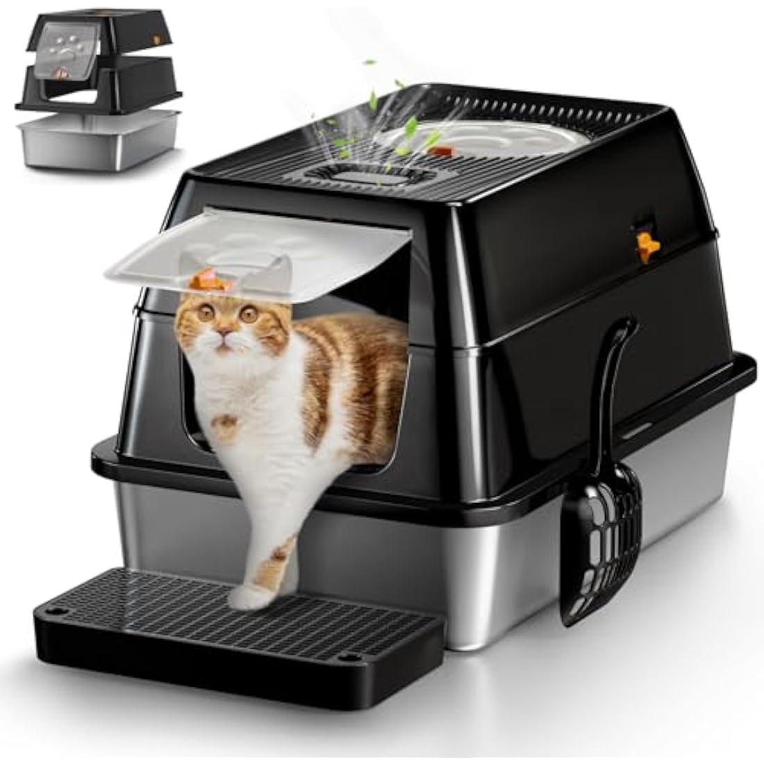 Eosarcu XXL Stainless Steel Cat Litter Box with Lid | Enclosed Black