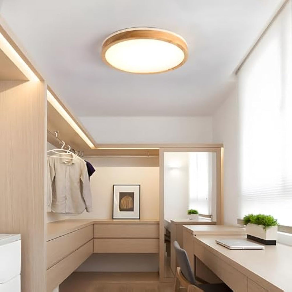 WayLuoung Round Wood LED Ceiling Light | 30W Dimmable with Remote Control