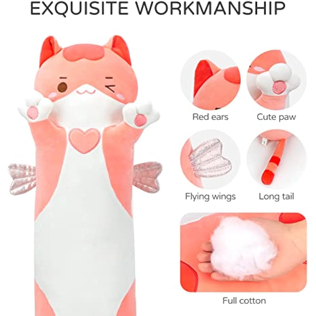Mewaii 51in Long Cat Plush Body Pillow – Pink Kawaii Stuffed Animal