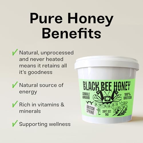 Black Bee Honey – Pure British Soft Set Raw Spring Honey, 1kg Tub