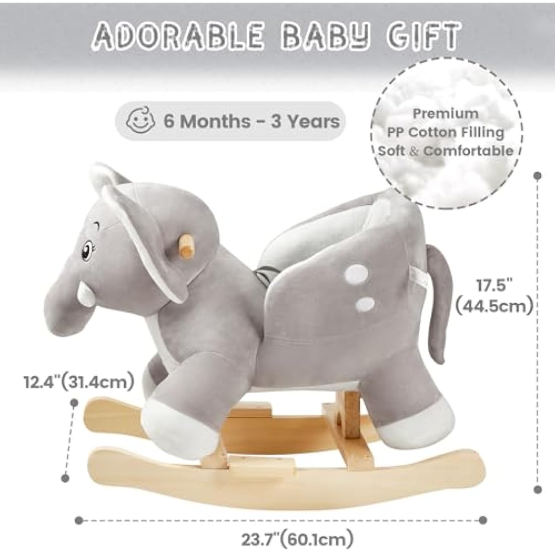 FUNLIO Elephant Baby Rocking Horse – Plush Grey Ride-on Toy for Toddlers