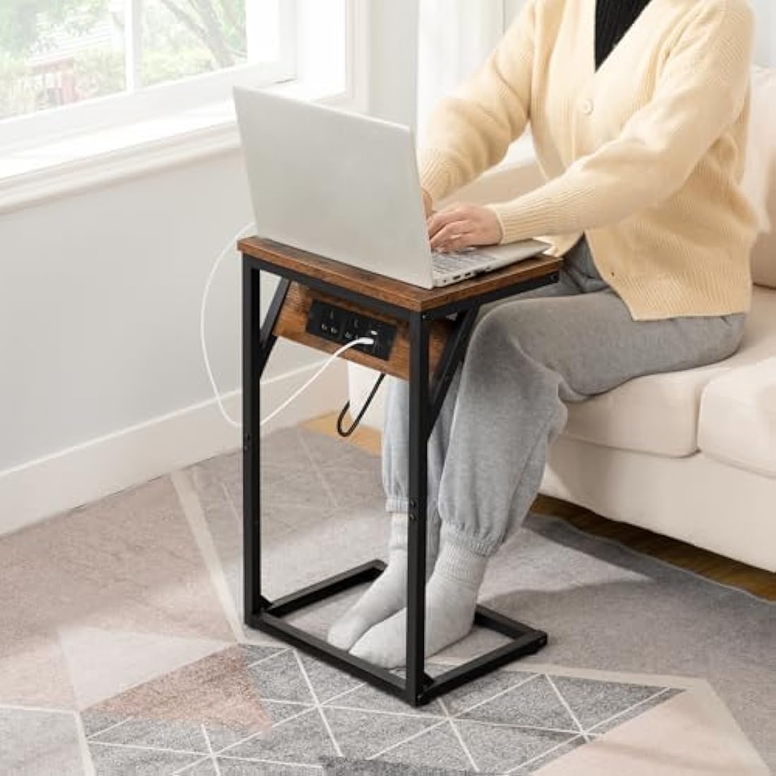 HOOBRO C Shaped Side Table with Charging Station | Rustic Brown & Black