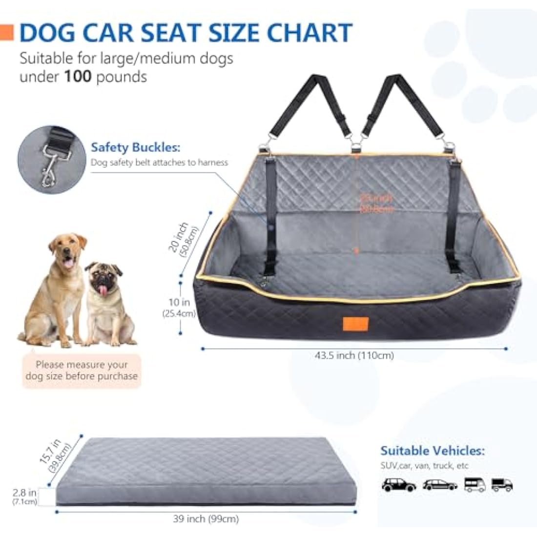 GL GLENSLAVE Large Dog Car Seat – Washable Pet Booster Bed for SUVs