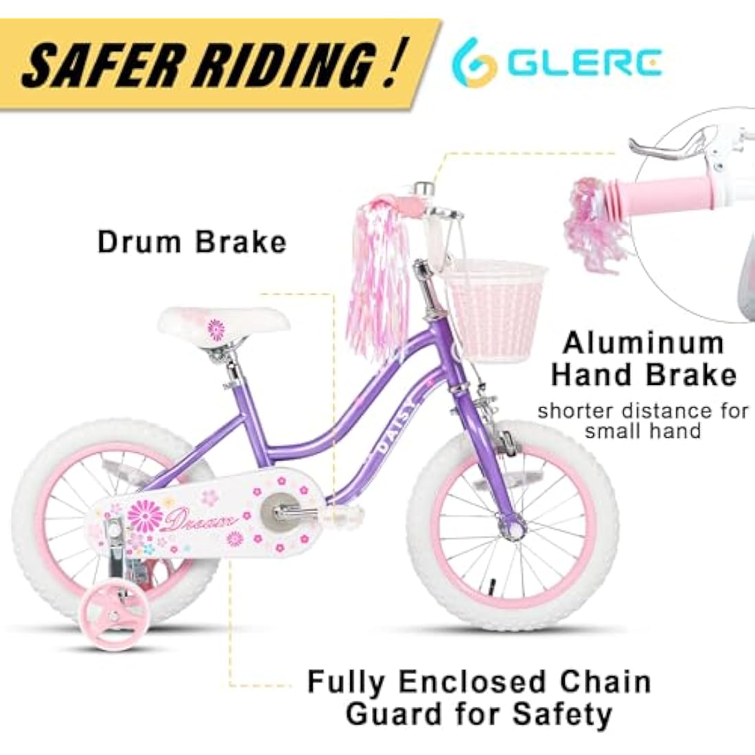 Glerc Daisy 12 Inch Girls Bike with Training Wheels and Basket – Purple