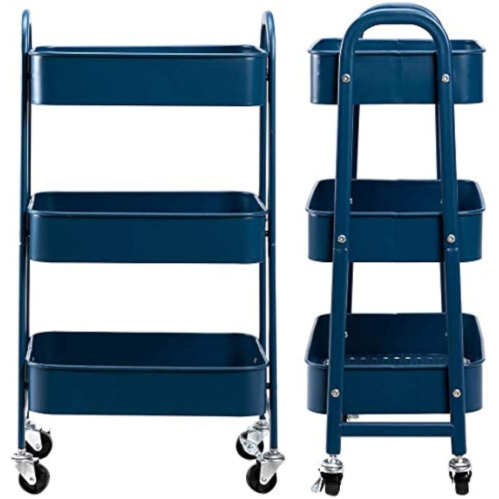 DOEWORKS 3-Tier Metal Rolling Utility Cart – Navy Blue Storage Trolley