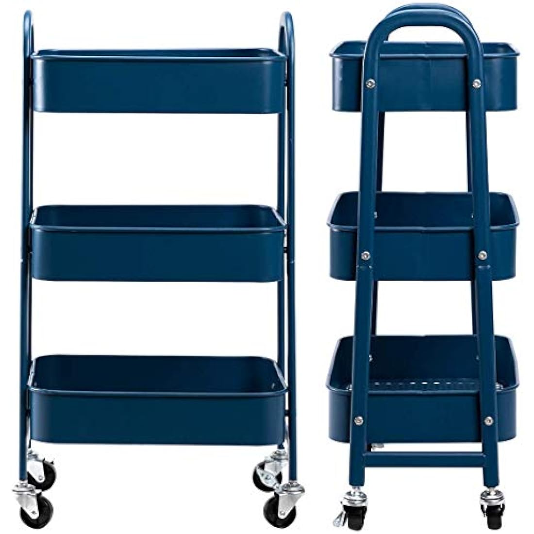 DOEWORKS 3-Tier Metal Rolling Utility Cart – Navy Blue Storage Trolley