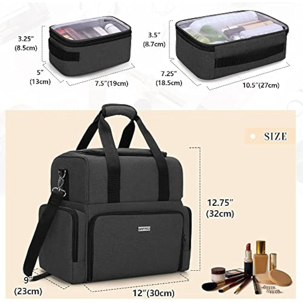 BAFASO 2-Layer Travel Makeup Bag with Removable Pouches - Black Nylon