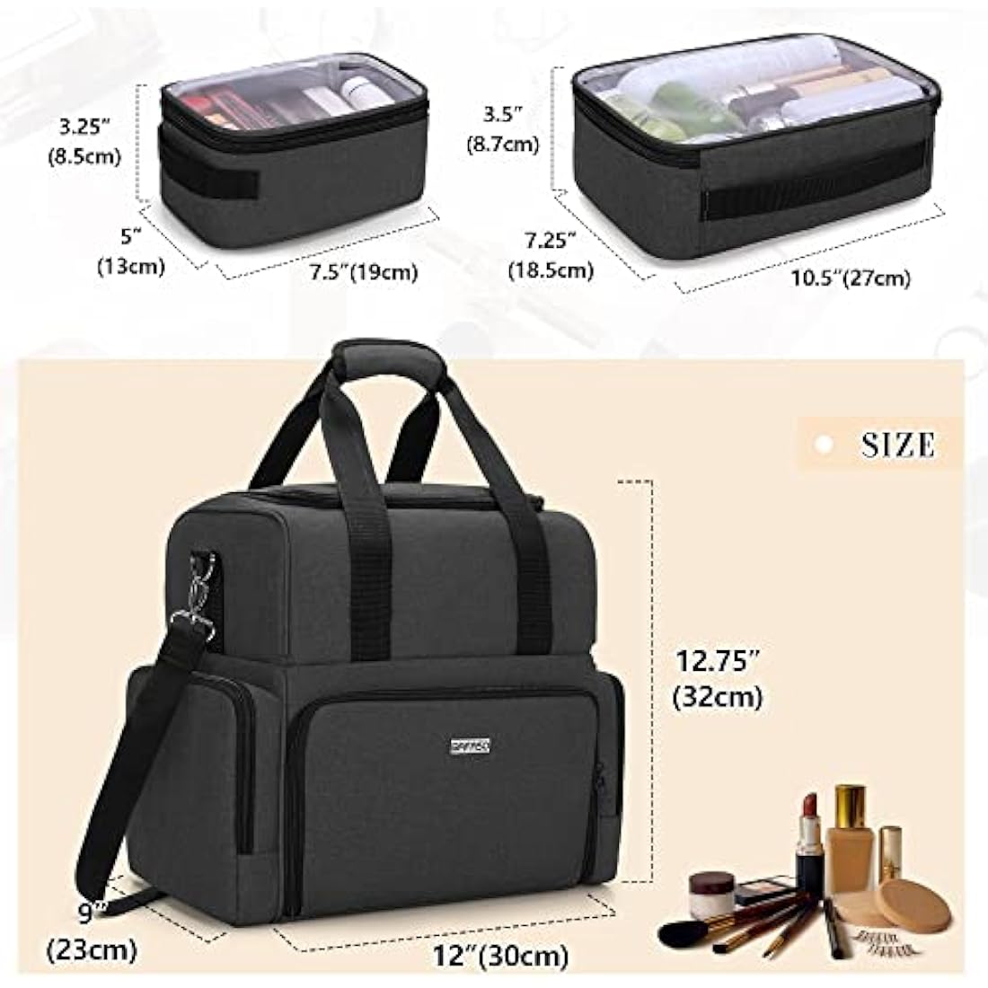 BAFASO 2-Layer Travel Makeup Bag with Removable Pouches - Black Nylon