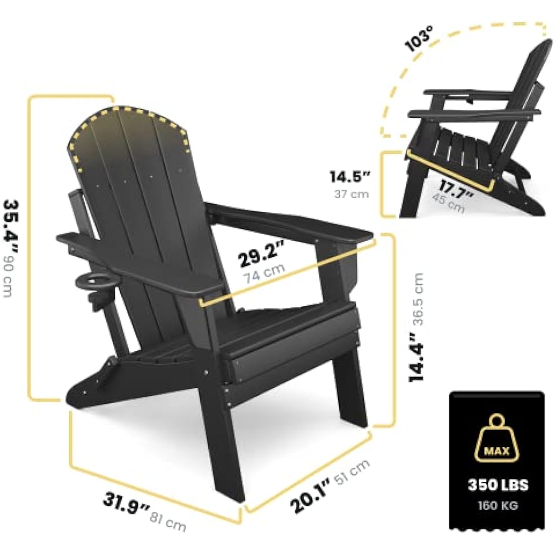 Jolof Store Folding Adirondack Chair - Weatherproof HDPE with Cup Holder