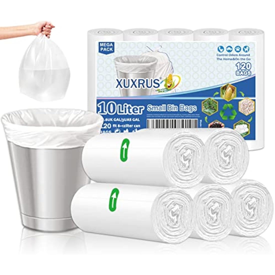 XUXRUS 10L Bin Liners | 120 Count Leakproof Small Rubbish Bags - White