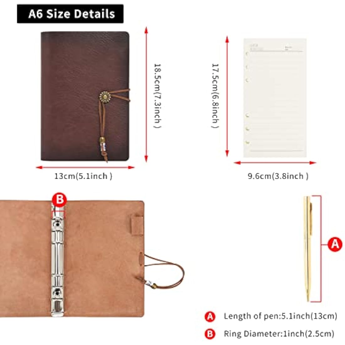 Jolof Store A6 Leather Refillable 6 Ring Binder Notebook – Coffee