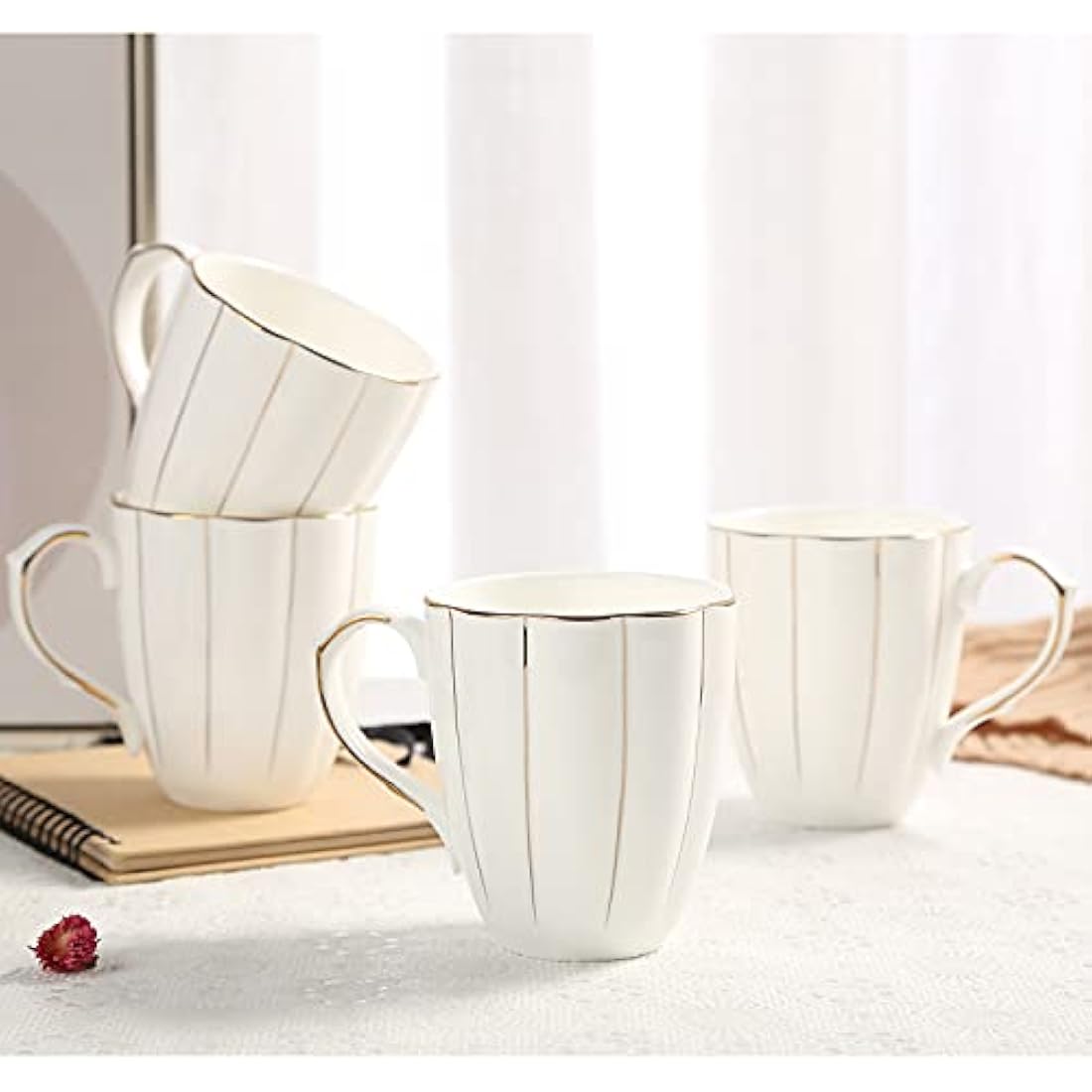 DUJUST Bone China Coffee Mug Set of 4 | Luxury Gold Trim Pumpkin Cups