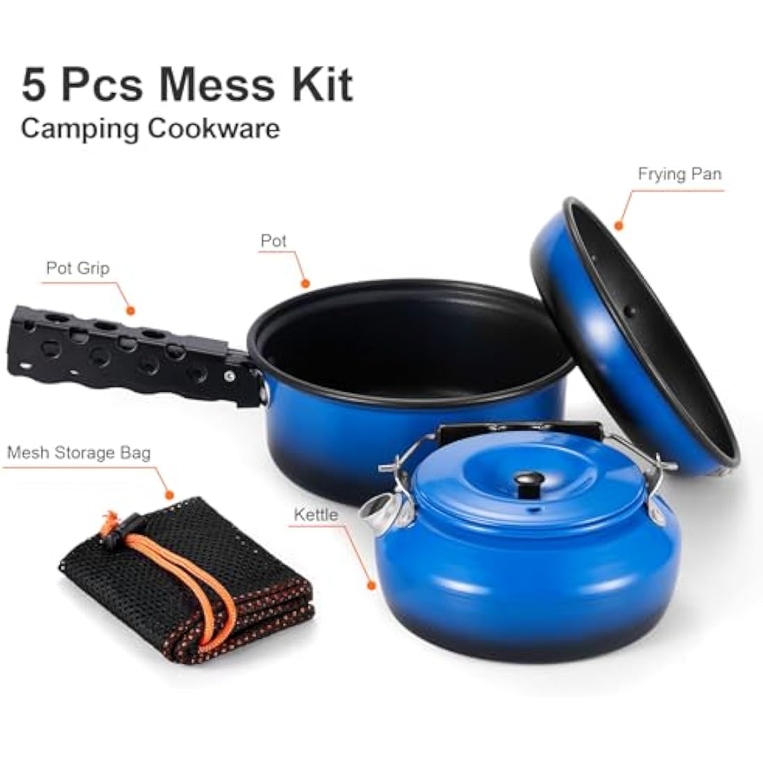 Odoland 5pcs Camping Cookware Mess Kit | Non-Stick Aluminum Pot Pan Set