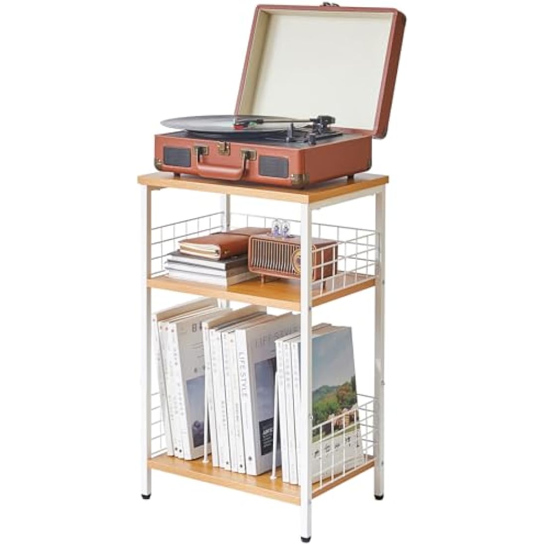 YMYNY 3-Tier Record Player Stand – Industrial Side Table, Natural