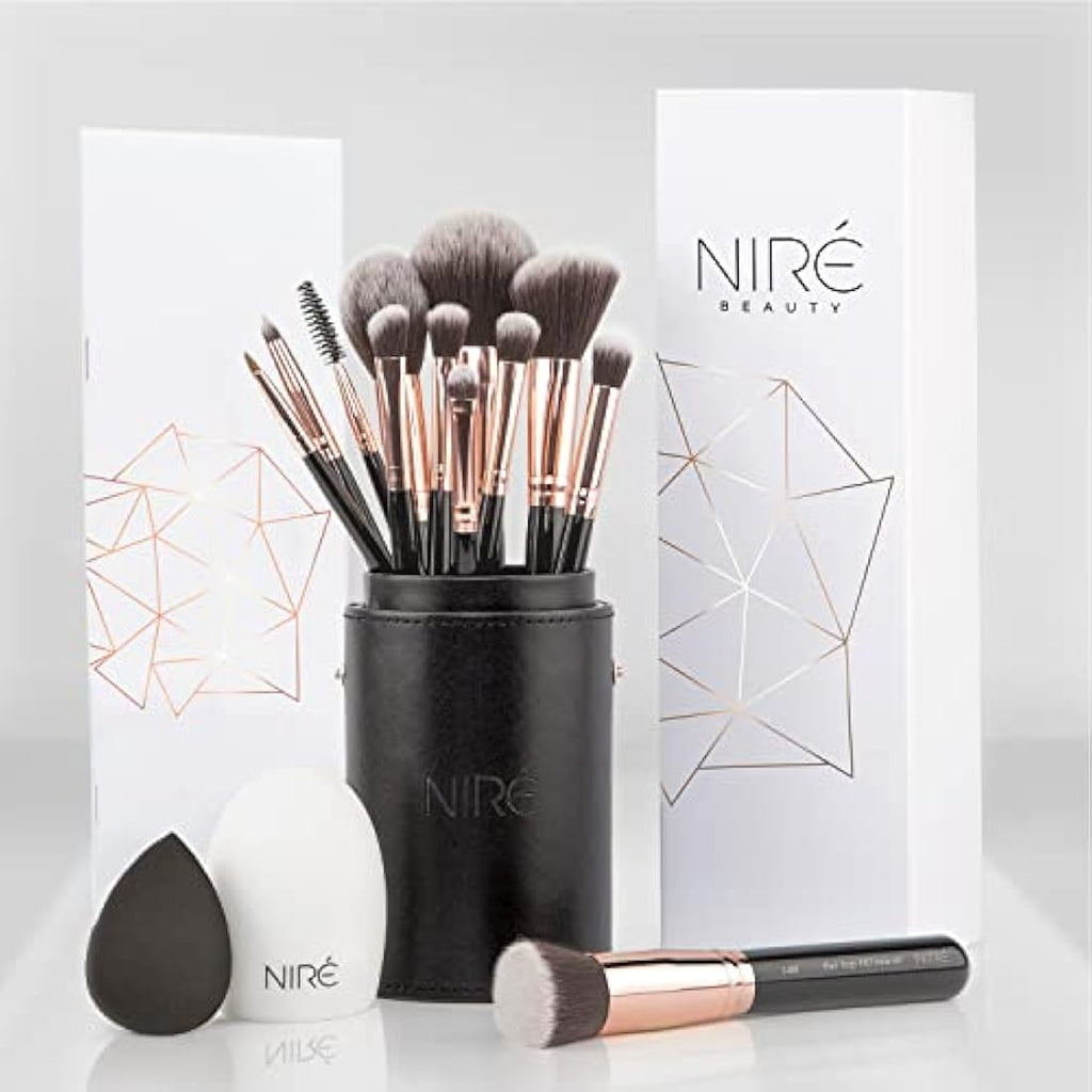 Niré Beauty 15-Piece Vegan Makeup Brush Set with Case and Cleaner