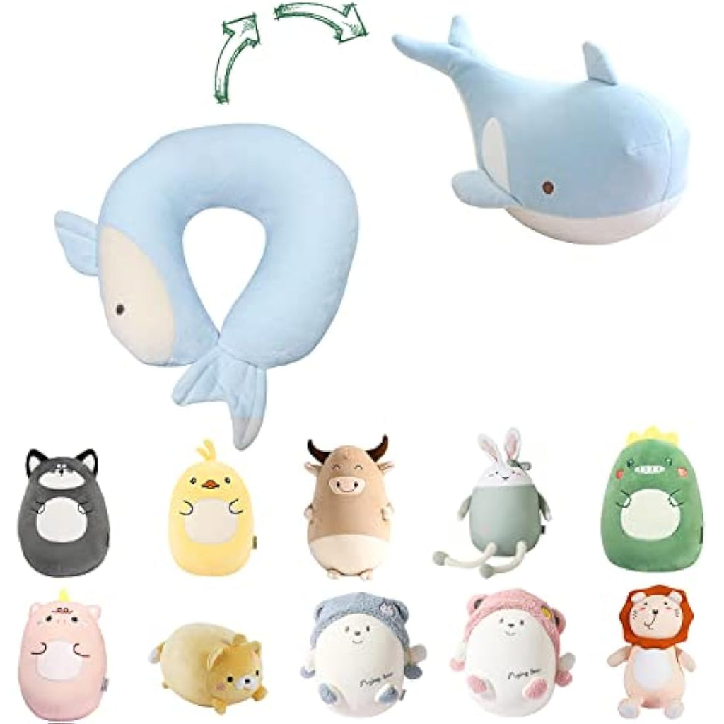 JOYRAVO Kids 2-in-1 Travel Pillow – Blue Whale Plush Neck Support