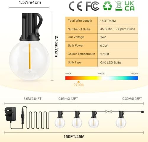 Jolof Store G40 Outdoor Festoon Lights – 45M Dimmable LED String Lights
