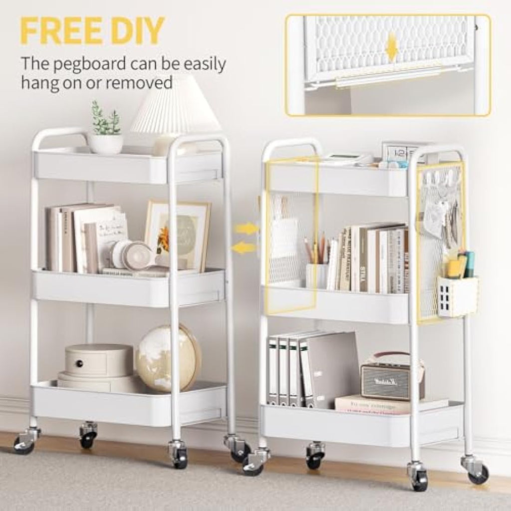Urackify 3-Tier Rolling Utility Cart with Pegboard and Hooks - White