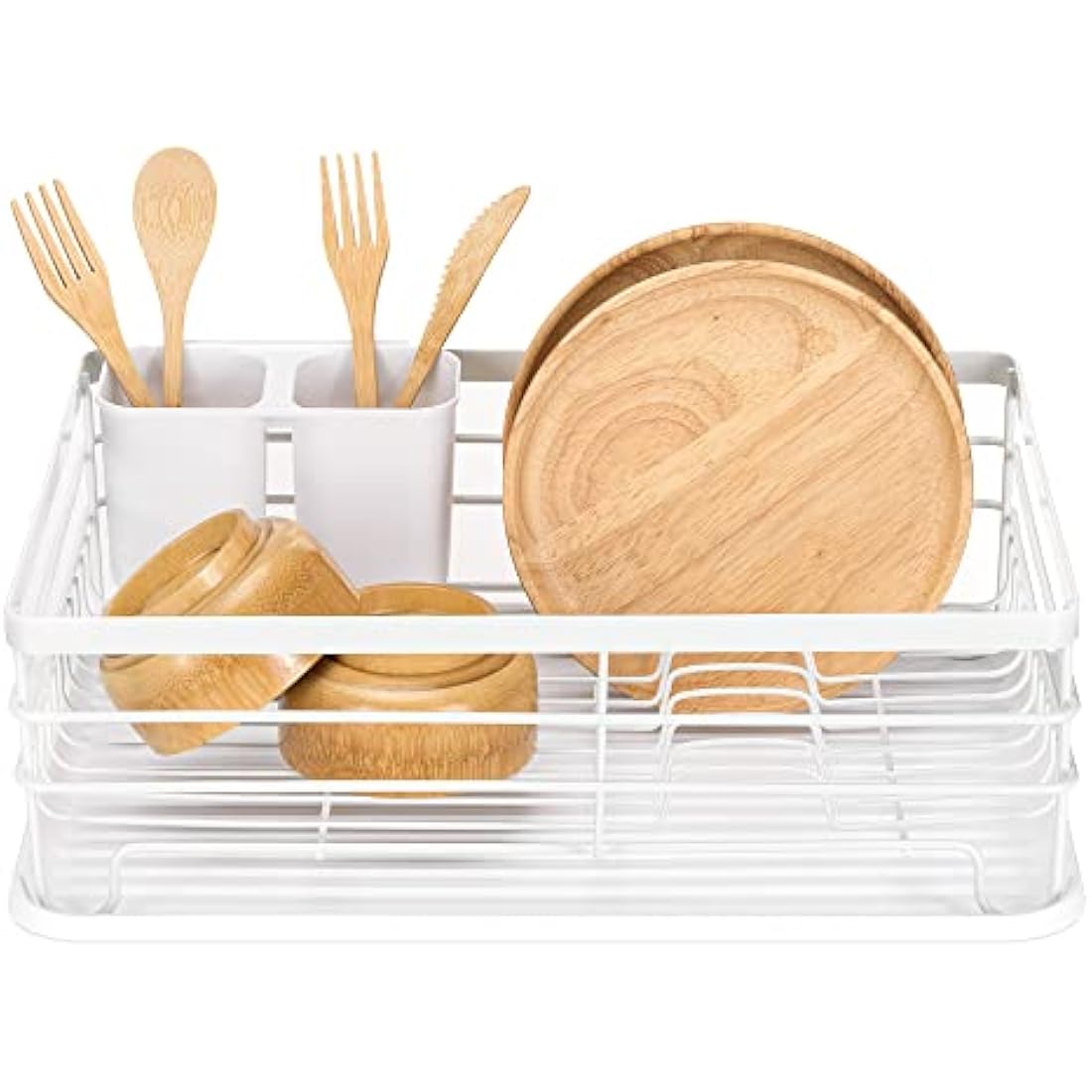 Navaris Dish Drying Rack – Retro Metal Drainer with Drip Tray, White