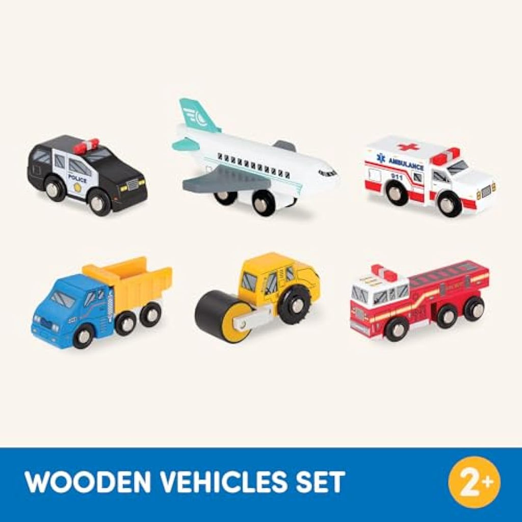 Battat Wooden Toy Cars Set – 6 Piece Rescue & Construction Vehicles