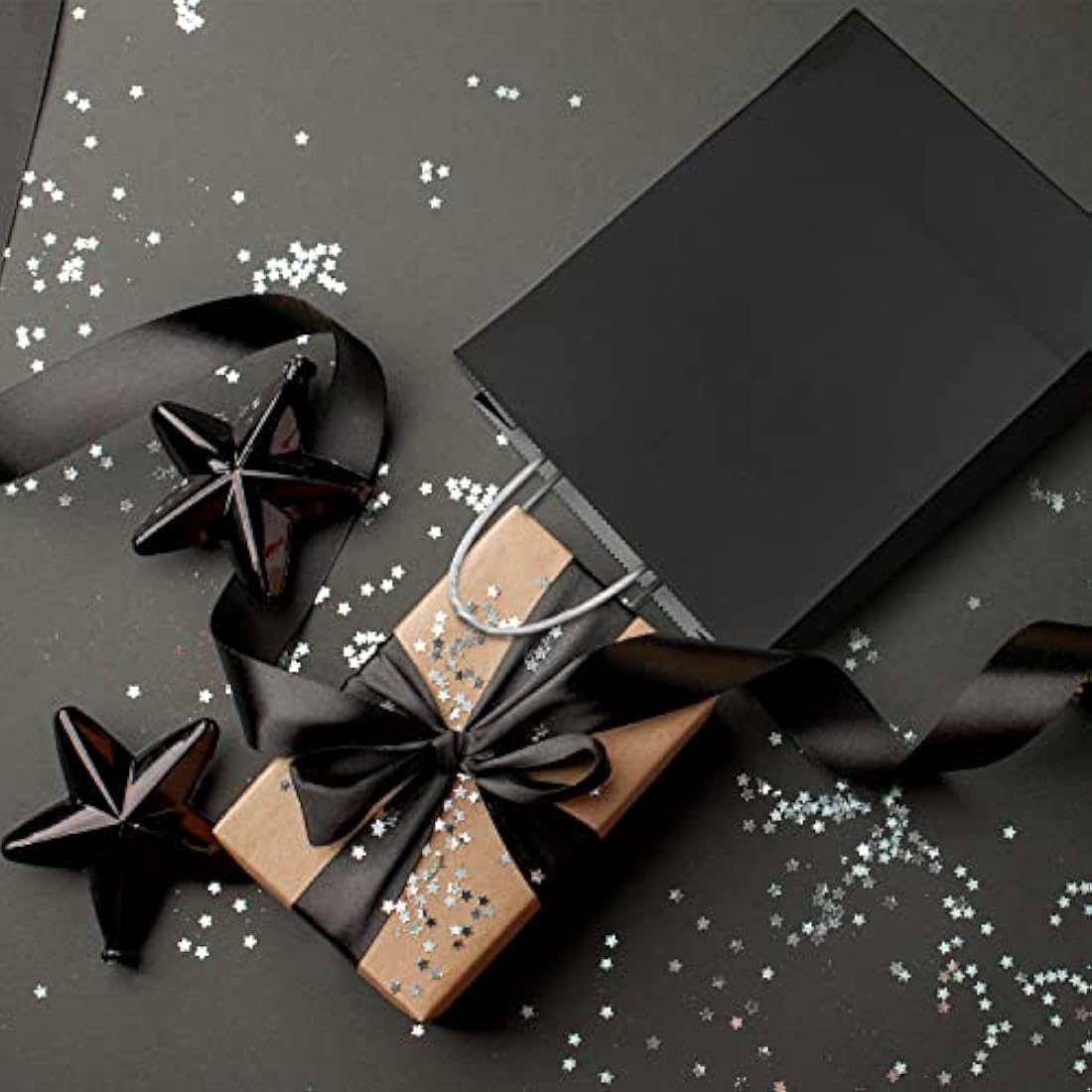 OWill Black Kraft Paper Gift Bags with Handles - 30 Pcs (16x8x22 cm)