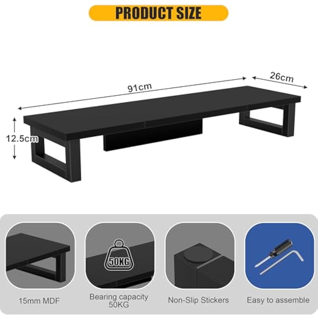 OYRREU Dual Monitor Stand – 91cm Ergonomic MDF Desk Riser, Black