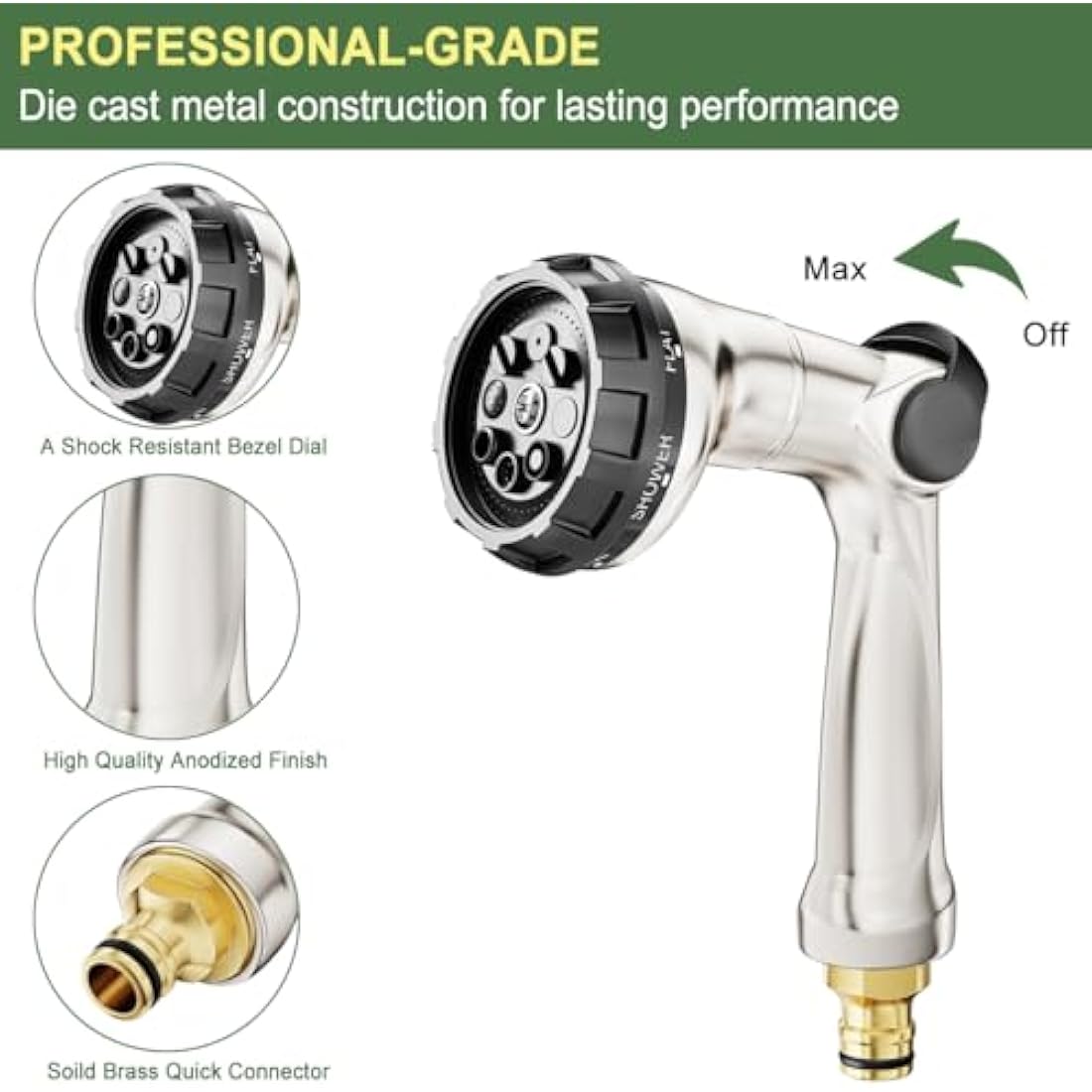 FANHAO Heavy Duty Metal Garden Hose Nozzle | 8-Pattern Thumb Control