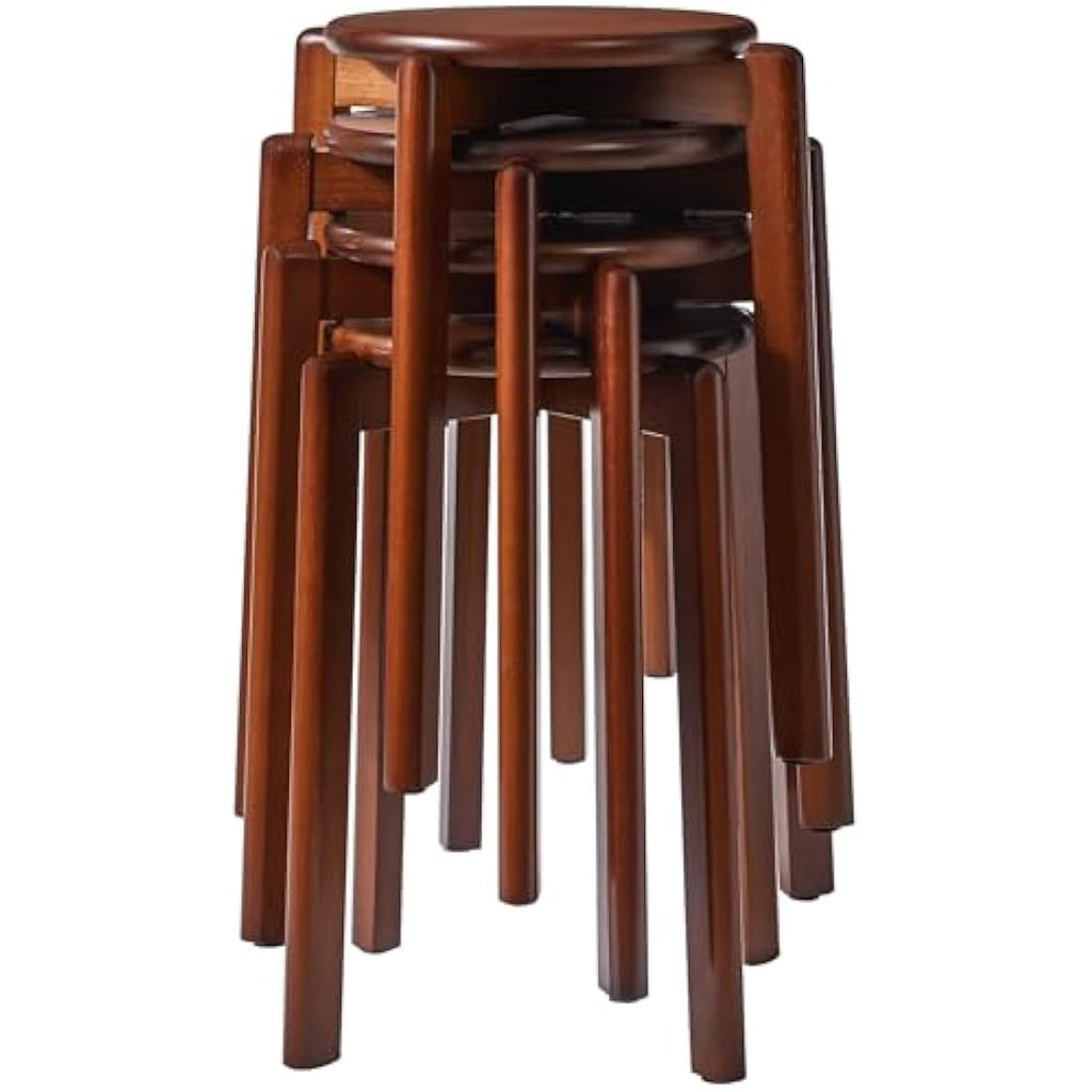 YMYNY Solid Wood Round Stool - 4pcs Stackable Dining Stools, Brown