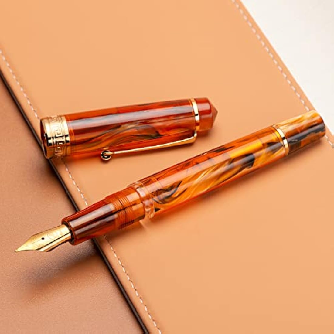 Asvine P20 Piston Fountain Pen – Amber Resin Extra Fine Nib Gold Trim