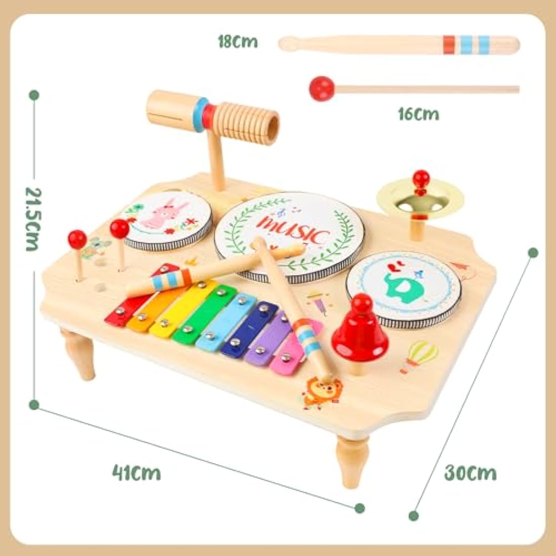 Jolof Store Wooden Kids Drum Kit | 11-in-1 Montessori Musical Toy Set
