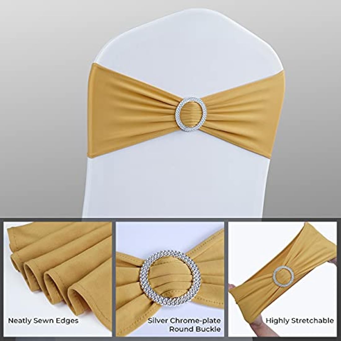 Babenest Gold Spandex Chair Sashes | Stretch Wedding Bands - 100 Pack