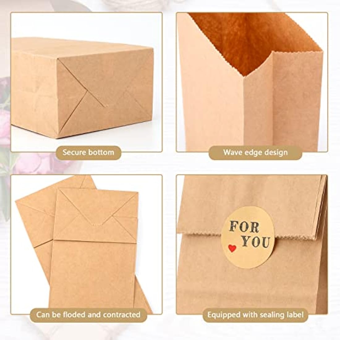 Jolof Store 50 PCS Brown Kraft Paper Bags with Stickers - 9x6x18 CM