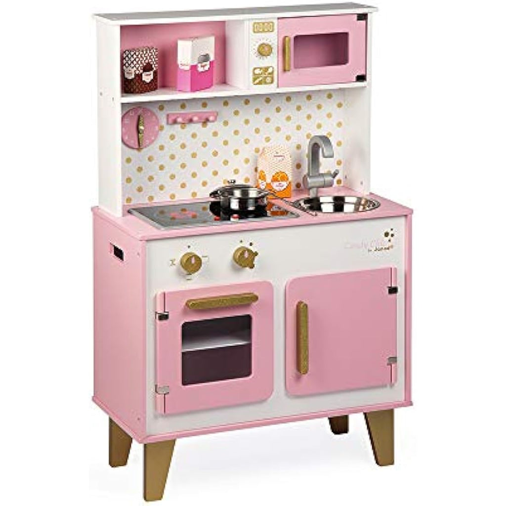 Janod Candy Chic Wooden Play Kitchen – Pink Toy Cooker with Accessories