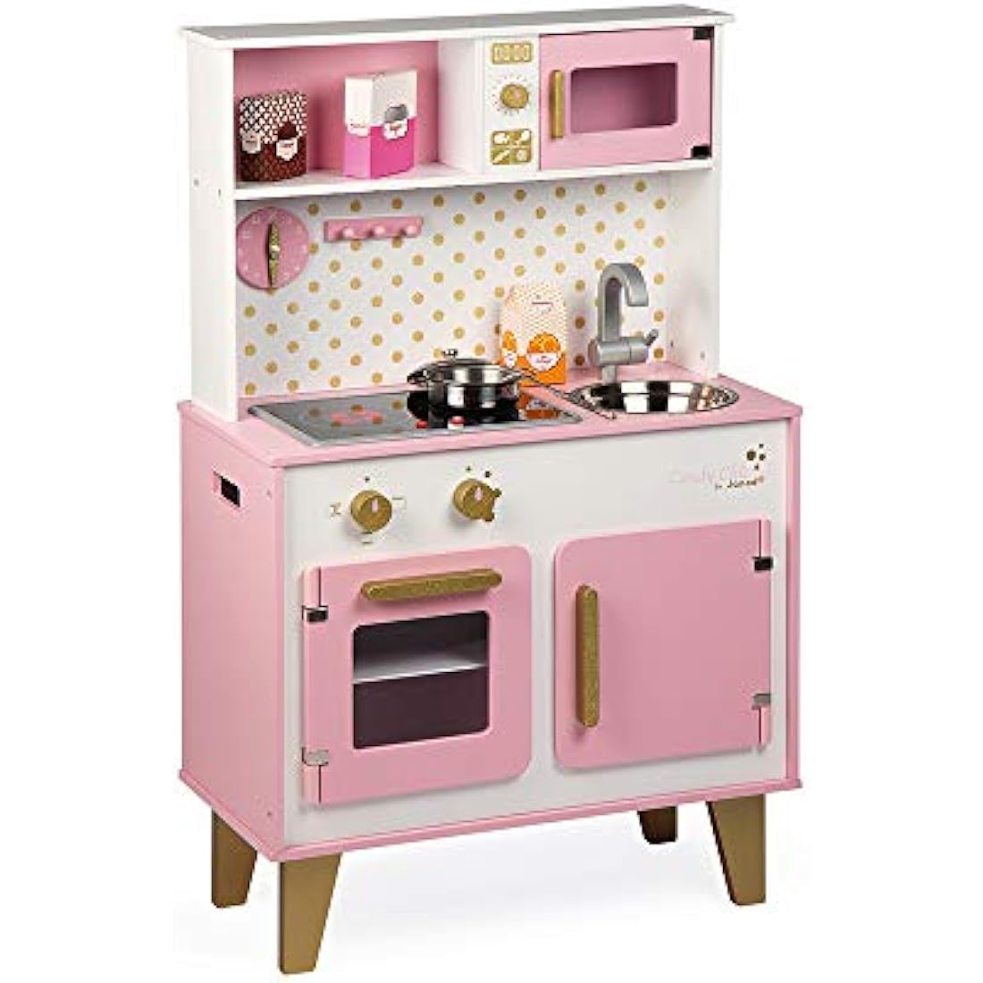 Janod Candy Chic Wooden Play Kitchen – Pink Toy Cooker with Accessories