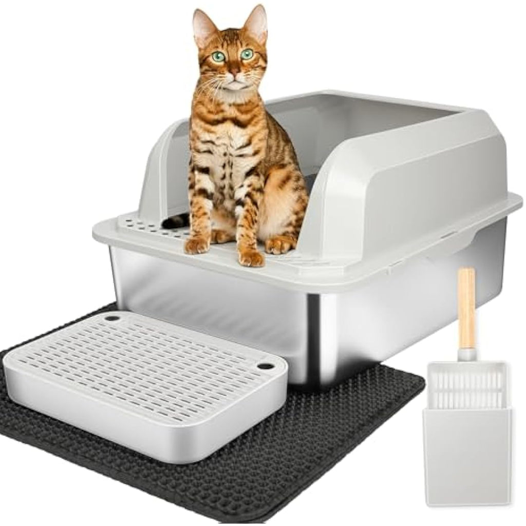 Jolof Store XL Stainless Steel Cat Litter Box with Lid and Mat
