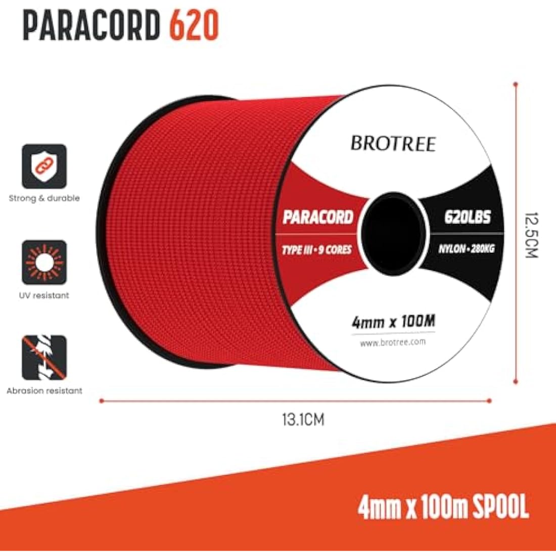 Brotree 4mm 100% Nylon Paracord – 9 Strand 280kg Breaking Load, 100m