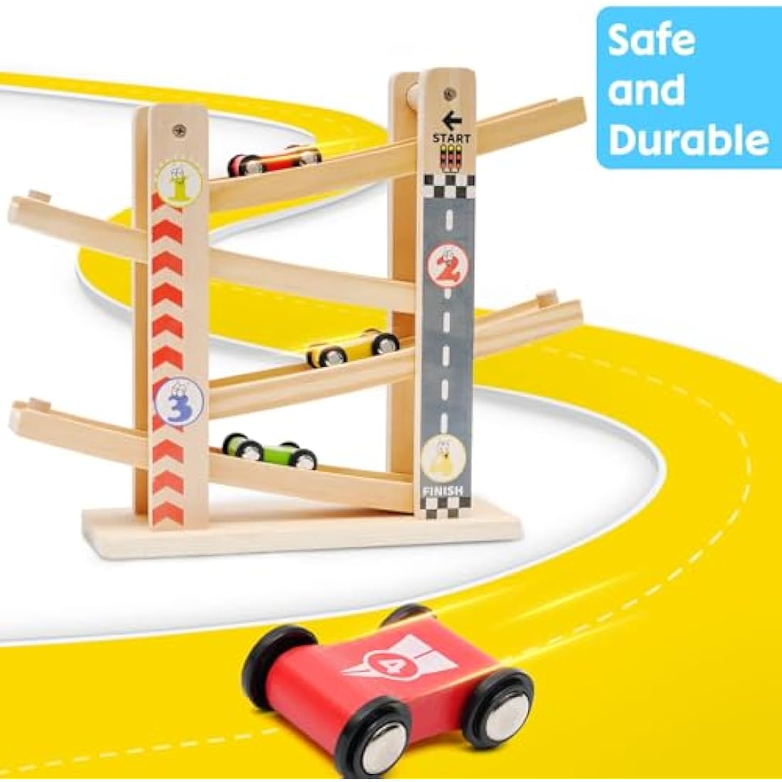 Wooden Car Ramp Toy – Toddler Race Track with 4 Cars