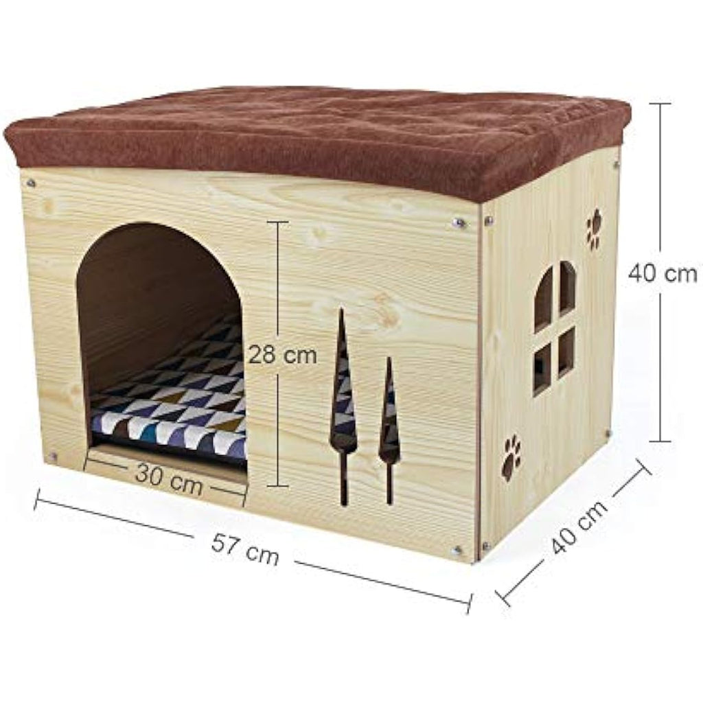 Foldable Cat Cave House – Wood Ottoman Pet Bed with Cushion